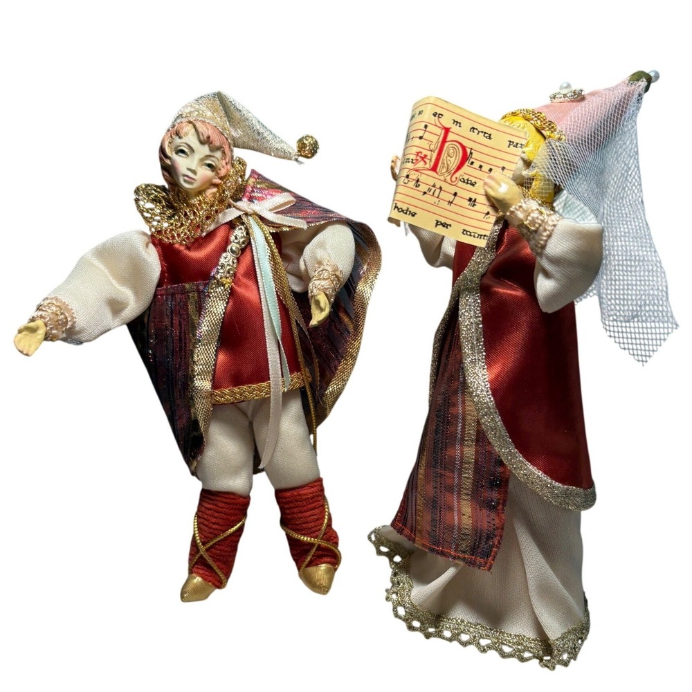Renaissance‎ Dolls Red Gold Medieval Jester and Noble Lady Singer Set of 2 7.5in
